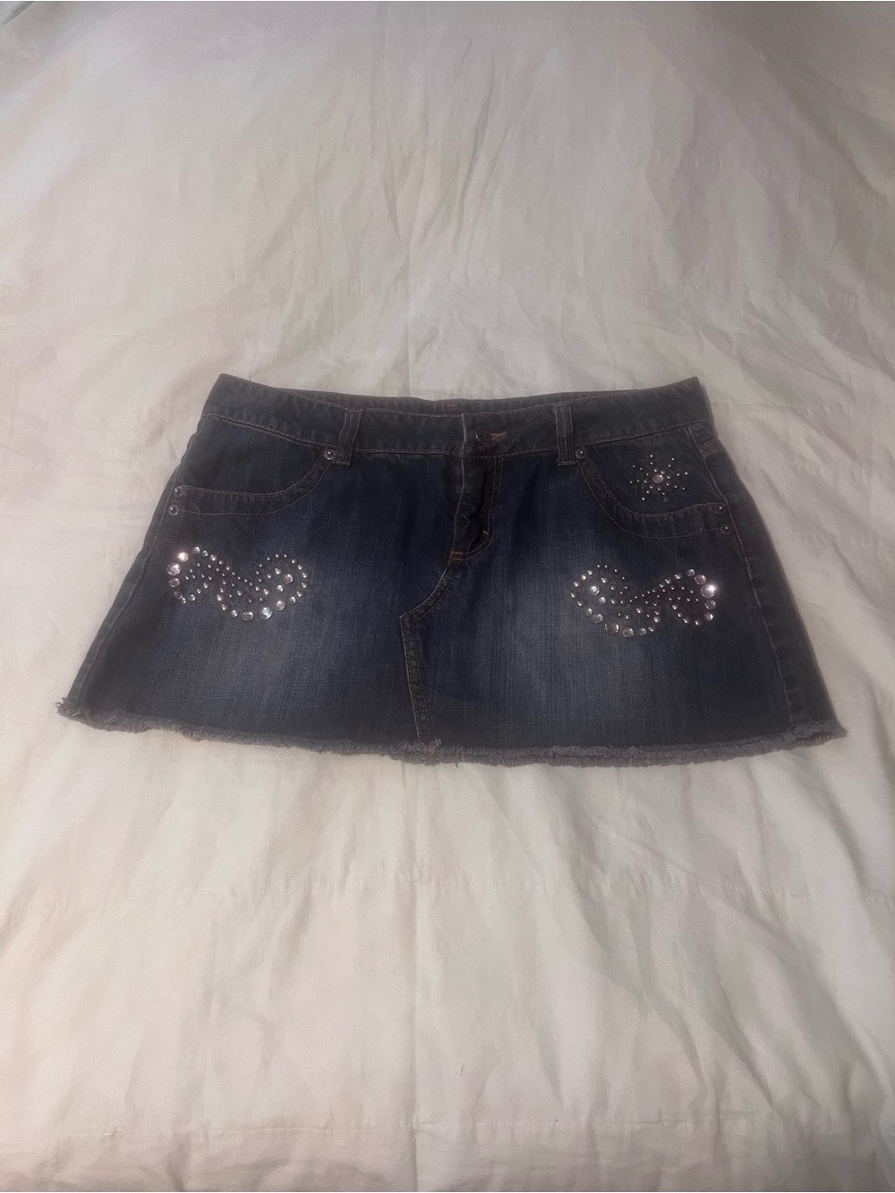 Y2K Jordache Dark Blue Denim Mini Skirt with Stud Embellishments